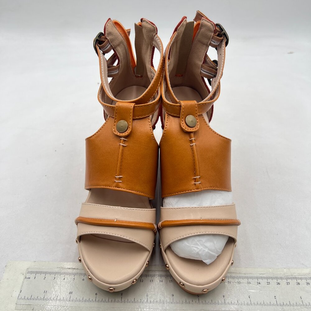 FSJ Tan Open Toe Buckle Strap Platform Shoes Studded Vintage Wedge Heels - Picture 3 of 8